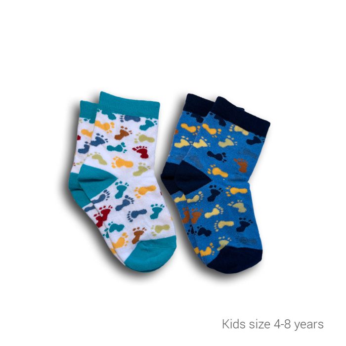 Blue and White Feet socks for kids. Size 4-8