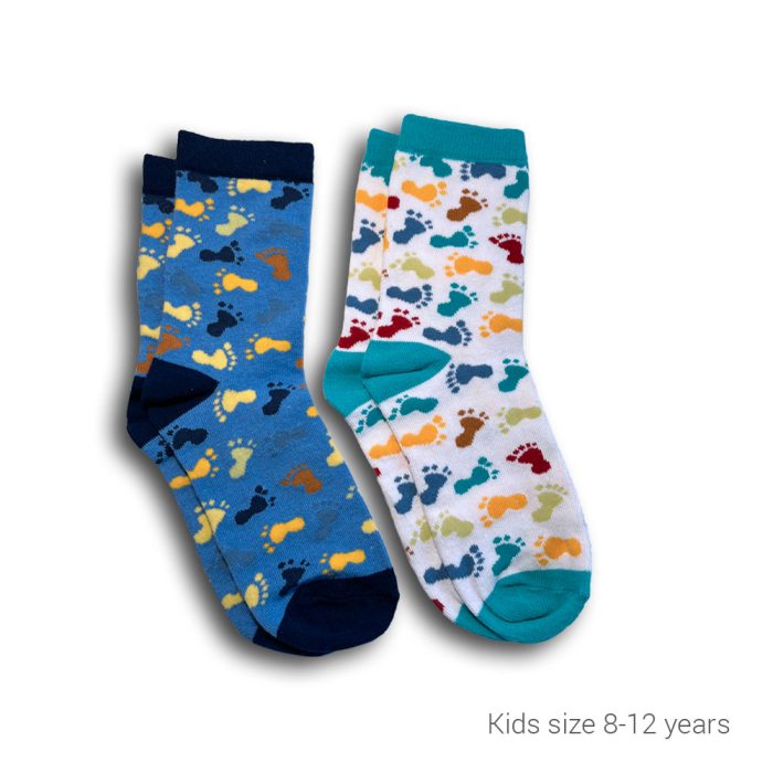 Blue and White Feet socks for kids. Size 8-12